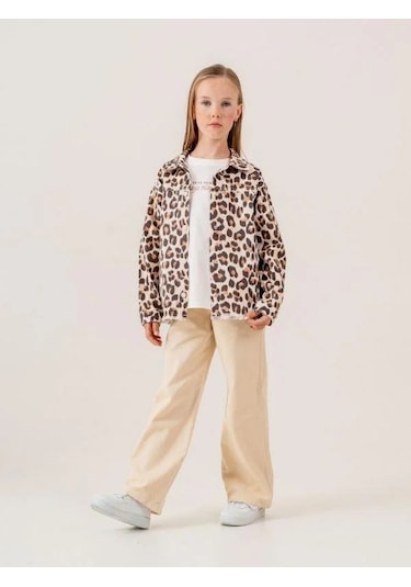 Kız Çocuk Leopar Desenli Kot Ceket İçi T-shirt Takım-15511 Kahverengi