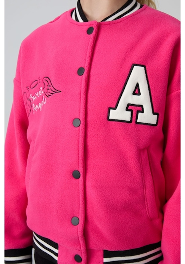 Tommy Life Fuşya Kalın Yumuşak Dokulu Standart Fit Nakışlı Polar Kız Çocuk Kolej Ceket - 75156 Fuşya