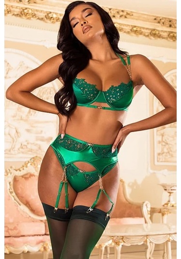 New Dreams Modern Şık Dikkat Çekici Yeşil Jartiyer Gecelik Kombin Set Lacivert