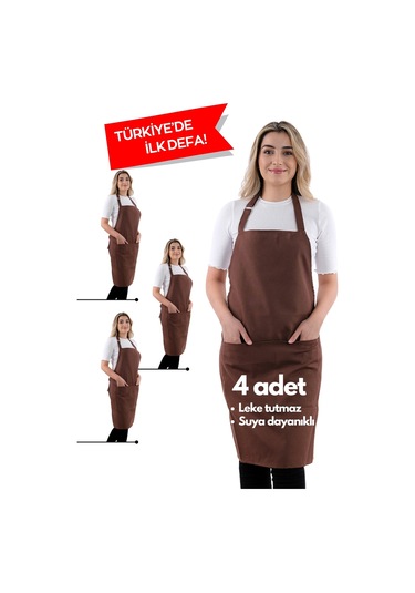 4 Adet Simple Ayarlanabilir Askılı Mutfak Önlüğü Kahverengi