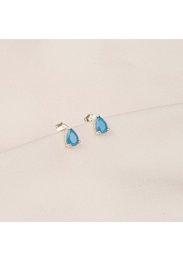 Altın Küpe - 14 Ayar Altın Damla Modelli Firuze Turkuaz Taşlı Küpe Sarı