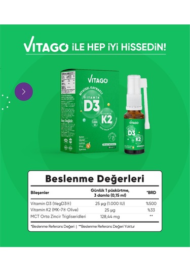 Vitago D3 Vitamini K2 İçeren Oral Sprey 20 ML