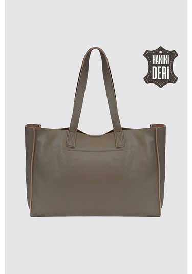 City Tote Hakiki Deri Omuz Çantası Vizon Smr9182 Vizon