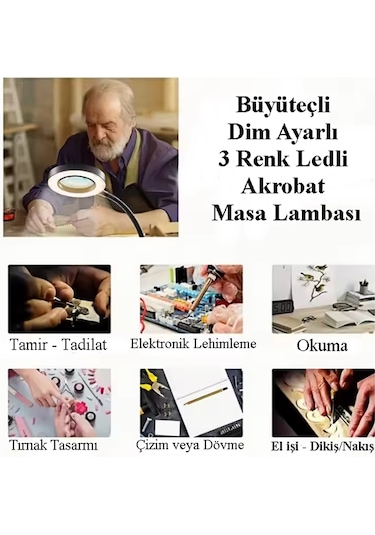C48 Güçlü Ledli Büyüteçli Çalışma Lambası 3 Farklı Işık Rengi Usb