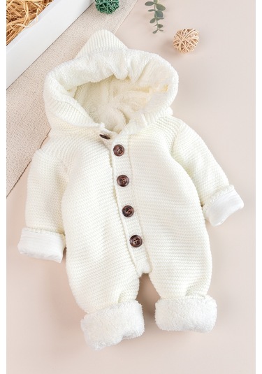 Triko Örme Welsoft Astarlı Kapüşonlu Kışlık Bebek Tulum Krem