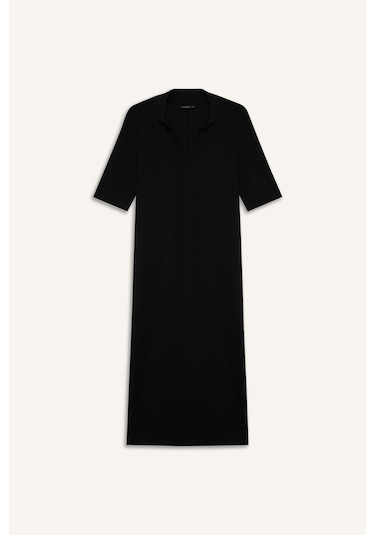 DeFacto Bodycon Vücudu Saran Polo Yaka Fitilli Kaşkorse Kısa Kollu Midi Elbise E6806AX25SPBK27