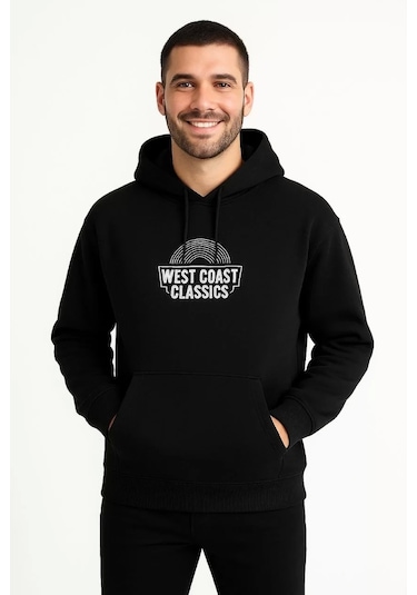Erkek Üç İplik Kapüşonlu Ön Ve Arka Baskılı Sweatshirt Hoodie - Siyah Siyah