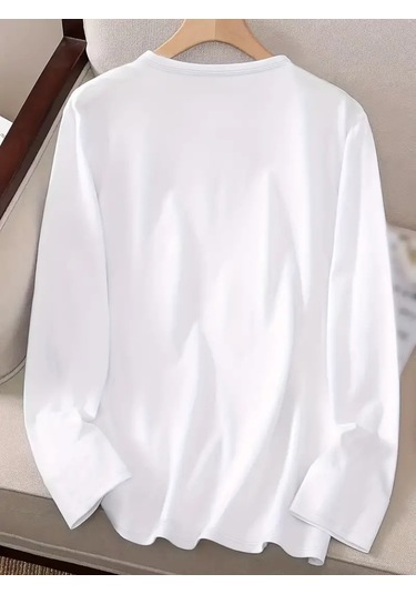 Kadın Uzun Kollu Bisiklet Yaka Yazı Baskılı Viskon Bluz Beyaz