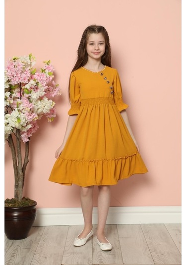 Aymeravm - Yaka Incili Düğme Detaylı Kız Çocuk Elbise - Als14... (545626213) Sarı