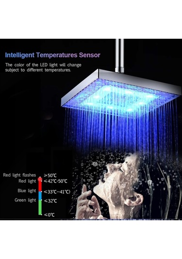 Pazly Led Yağmur Duş Başlığı Kare Otomatik Rgb Renk Değiştiren Sıcaklık Sensörlü Banyo Duşu Gümüş