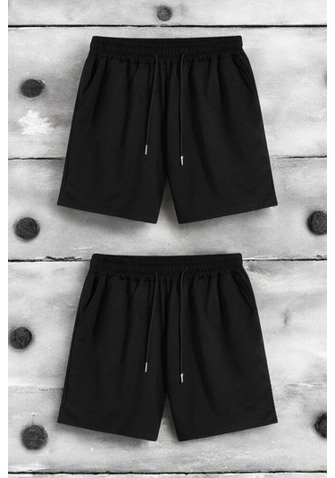 2'li Paket Unisex Pamuklu Rahat Penye Şort Siyah-siyah Siyah
