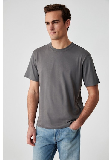 GRIMELANGE Solo Erkek %100 Organik Pamuklu Kalın Dokulu Comfort Fit Bisiklet Yakalı Gri T-shirt Gri
