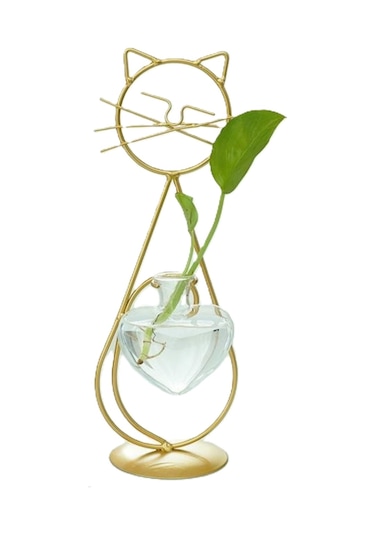 Yunboo Altın Renkli Kedi Figürlü Demir Ve Cam Suluk, Su Bitkileri İçin Ev Dekorasyonu, Norveç Stili Vazo
