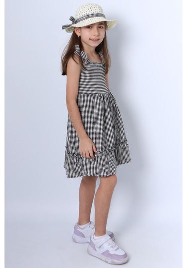 Kız Çocuk Şapkalı Elbise Kareli Fiyonklu B33 Siyah