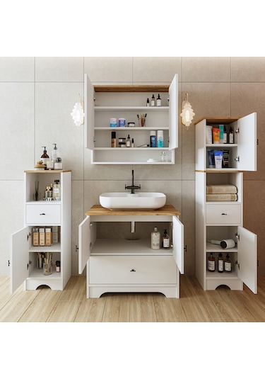 Oval Lavabolu Mdf 80 Cm Çekmeceli Banyo Dolabı Atlantik Çam - Beyaz