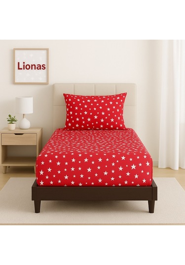 Desenli 120 X 200 Cm Ara Ölçü Kırmızı Yıldız Lastikli Çarşaf Ve Yastık Kılıfı Kırmızı