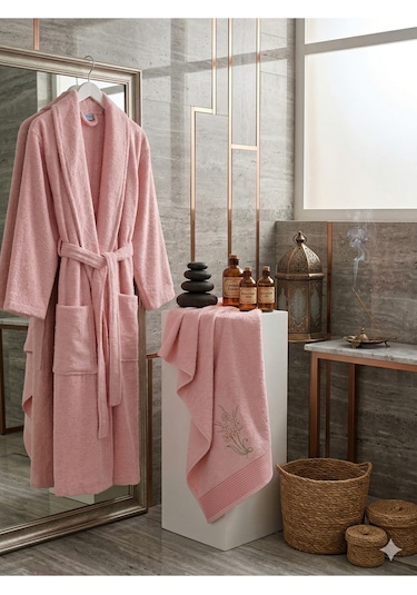 Premium 2'li Aile Bornoz Seti Çeyizlik Pamuklu Hediyelik Banyo Takımı S/m Pudra
