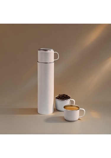 Paslanmaz Çelik 3 Bardaklı Matara Seti-500 Ml Krem