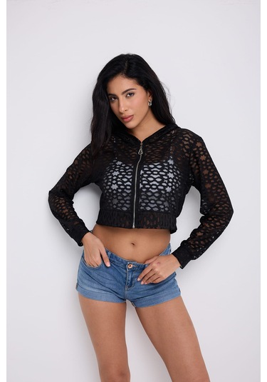 Kapuşonlu Dantel Bluz Siyah