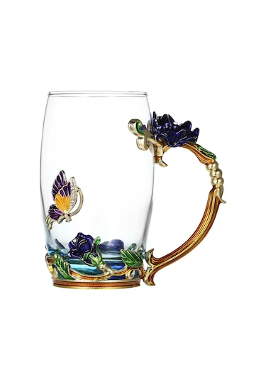 Jeemson Mavi Gül Desenli Cam Bardak Seti - 350ml Isı Dayanıklı, Çay/kahve İçin, Kadeh+kaşık+temizleme Bezi, Dekoratif lik Paket Mavi