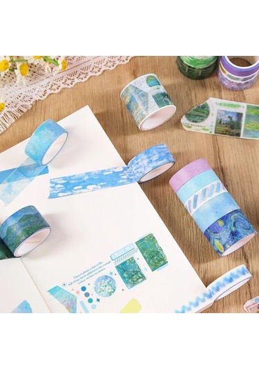 Art Vintage Washi Tape Bant Yapışkanlı Maskeleme Kağıdı Desenli Bant 12'li - Mavi Van Gogh Tabloları 1