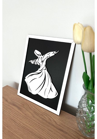 Modern Beyaz Çerçeveli Ahşap Semazen Mevlana Tablosu 25x20 Cm