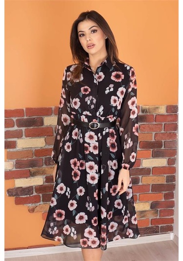 Neşeli Butik Kadın Gömlek Yaka Kemerli Çiçek Desenli Şifon Elbise Ry0031 Mor