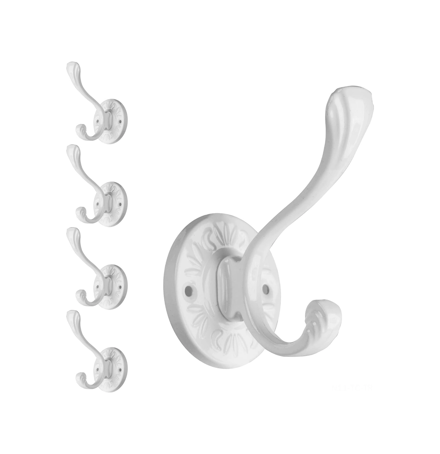 Skycity Beyaz Metal Duvar Cerrahi Kanca Seti 5 Adet - Pervaz Banyo Giysi Anahtar Şapka Çanta Asma Kancaları - Vida Dahil Beyaz