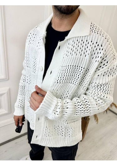 Elku Moda Hırka Oversize Özel Örgülü Triko Desenli Salaş Örgü Hırka Beyaz