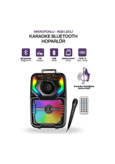 Double 8 Rgb Karaoke Hoparlör Bluetooth Usb Tf Fm Kumandalı Mikrofonlu