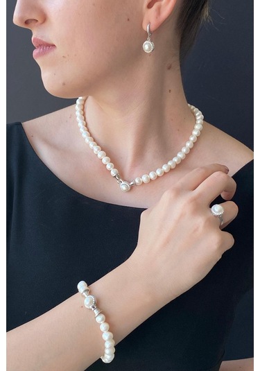 7,5 Mm Kadın Yuvarlak Taşlı Doğal İnci Küpe Kolye Yüzük Bileklik Dörtlü Set 17 Gümüş