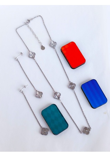 Aynalı Fransız Yonca Tasarım Kolye Küpe Gümüş Kadın Set