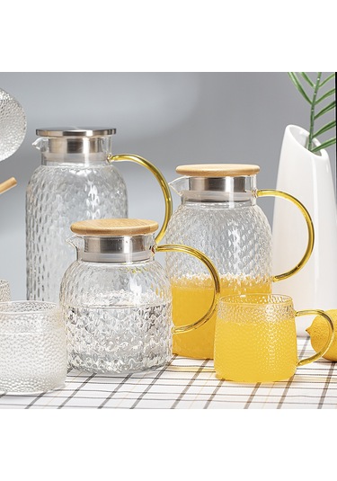 Hangfox 1.4l Büyük Kapasiteli Cam Soğuk Su Potu, Dayanıklı Borosilikat, Pirinç Desenli, Bambu Ve Çelik Kapaklı, Ev Kullanıma Uygun Çok Renkli