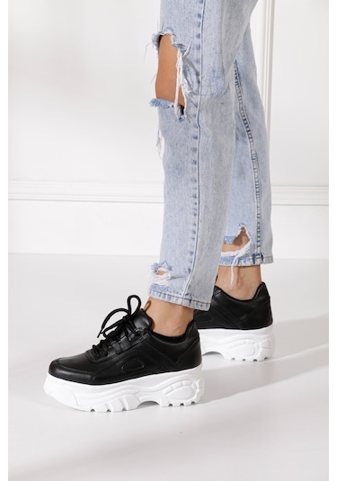 İmershoes Sneaker Kadın Spor Ayakkabı Yüksek Taban Siyah - Beyaz (330972086)