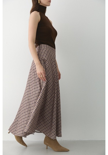 Kahverengi Ekoseli Etek Kahverengi