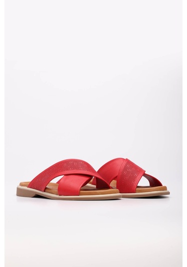 Hakiki Deri Kadın Düz Terlik 972za1201 Kırmızı