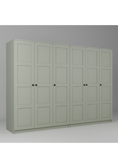 Lucas 6 Kapaklı,15 Raf Bölmeli Yüklük & Askılıklı Geniş Elbise Dolabı-gardırop Kül Yeşil Yeşil