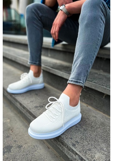 Pabucmarketi Bağcık Detaylı Triko Kumaş Erkek Spor Ayakkabı Beyaz Çok Renkli