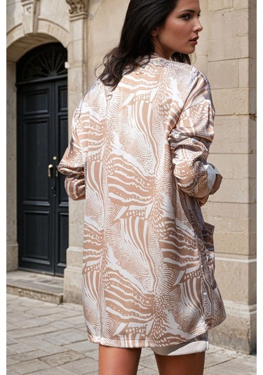 Bej Desenli, Salaş Kesimli, Kimono Ceket Bej