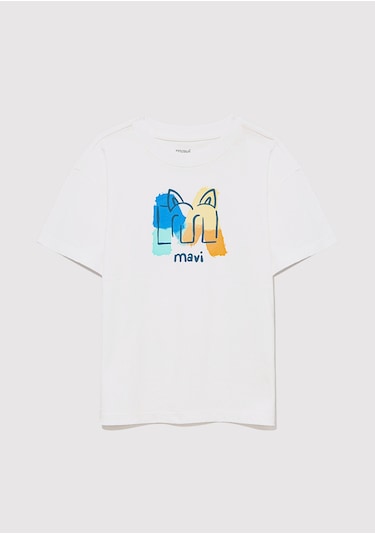 Mavi - M Mavi Logo Kedi Baskılı Ekru Tişört 7610339-70057 Ekru