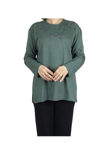 Kadın Yakası Taşlı Likralı Büyük Beden Bluz Arpbattal1 Mint Yeşili