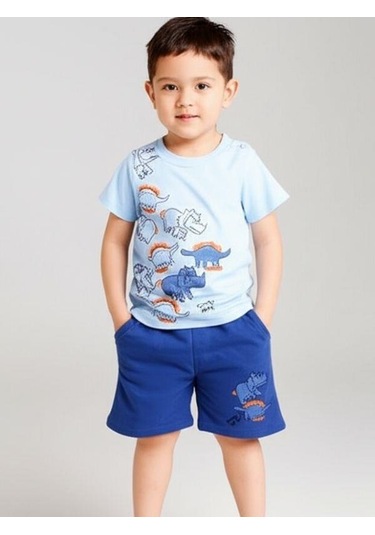 Erkek Bebek Hayvan Baskılı Şortlu Takım-15836 Mavi
