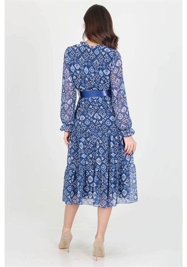 Neşeli Butik Kadın Kemerli Yakası Bağlama Detaylı Desenli Şifon Elbise Rssn02 Mavi