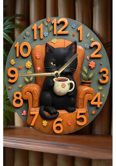 Siyah Kedi Temalı Mdf Duvar Saati 3d Görünümlü, 2d Hd Baskı, Sessiz Mekanizma Sdw237 Renkli