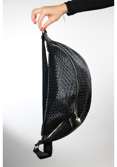 Luvishoes Venta Siyah Örgü Kadın Büyük Bel Çantası Siyah