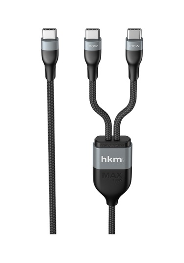 Duo Power 100W Çift Uçlu Type-C To Type-C + Type-C Şarj Kablosu Örgü Tasarım 1.2 Metre Siyah