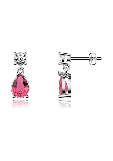 Fuşya Damla Taşlı Beyaz Gümüş Küpe