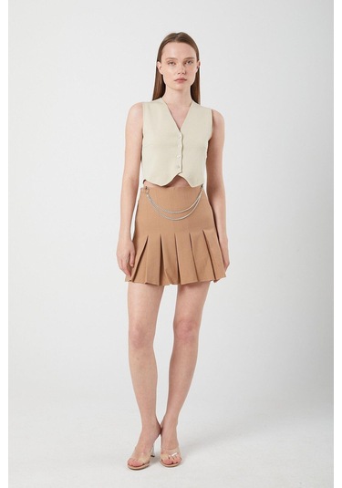 4155 Kadın Zincir Detay Pileli Mini Etek Vizon Vizon