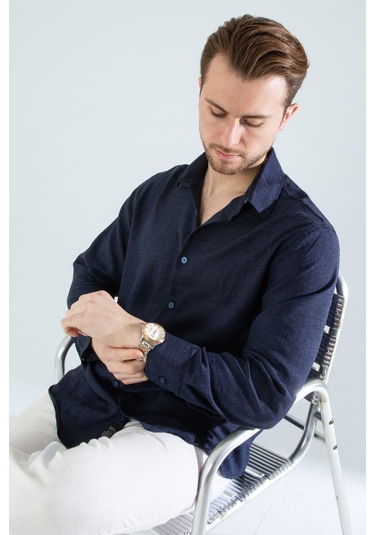 Rahat Kesim Keten Dokulu Gömlek Lacivert