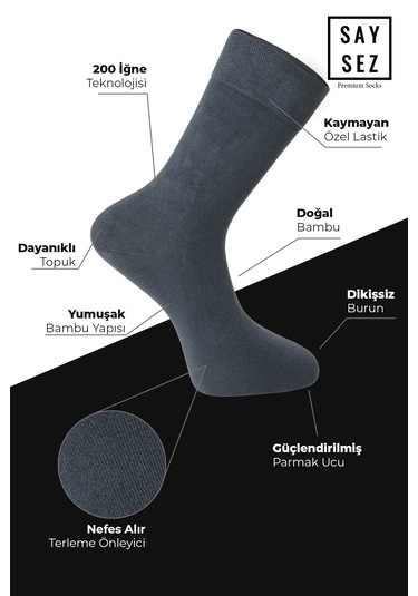 Bambu Erkek Soket Uzun Füme Çorap Dikişsiz Premium Paket 3'lü Füme